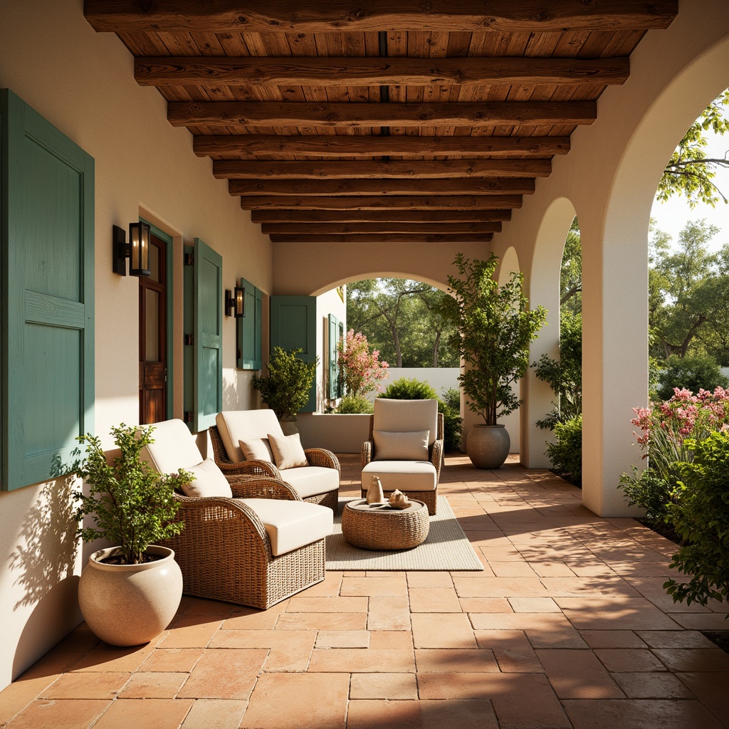 Prompt: Warm Mediterranean villa, soft beige walls, turquoise accents, earthy terracotta floors, rustic wooden beams, lush greenery, vibrant bougainvillea flowers, warm golden sunlight, soft shadows, 1/2 composition, shallow depth of field, natural textures, ambient occlusion.