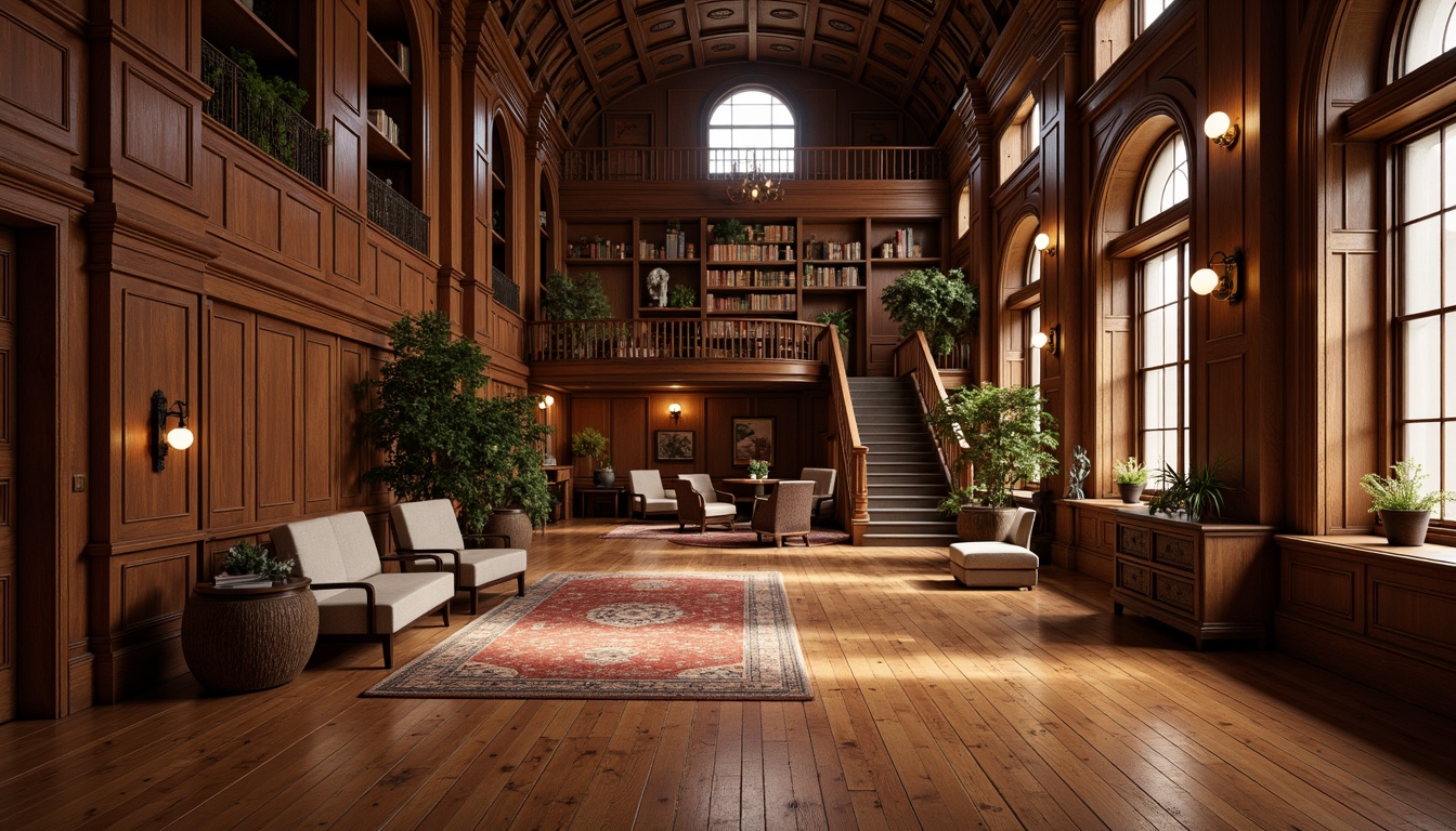 Prompt: Polished hardwood floors, rich wood tones, elegant academic atmosphere, sophisticated study spaces, ornate wooden paneling, stately columns, grand staircases, luxurious carpeted areas, plush area rugs, comfortable reading nooks, warm natural lighting, soft shadows, atmospheric ambiance, subtle texture variations, realistic material reflections, detailed normal maps, 1/2 composition, medium shot, cinematic depth of field.