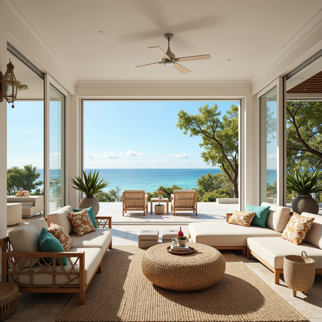 Prompt: Vibrant beachside villa, soft white walls, large windows, sliding glass doors, ocean views, natural textiles, woven rattan furniture, driftwood accents, coral-inspired patterns, turquoise hues, warm sandy tones, coastal breeze, bright sunny day, softbox lighting, pendant lanterns, nautical rope details, distressed wood finishes, sea salt air, beachy vibe, casual elegance, airy openness, 1/1 composition, shallow depth of field, natural ambiance.