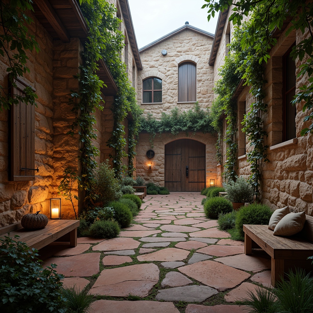 Prompt: Rustic monastery courtyard, natural stone walls, reclaimed wood accents, earthy terracotta flooring, lush greenery, vines crawling up walls, wooden benches, candlelit ambiance, soft warm lighting, shallow depth of field, 3/4 composition, panoramic view, realistic textures, ambient occlusion, weathered wooden doors, worn stone pathways, serene atmosphere, misty morning, subtle fog effects.