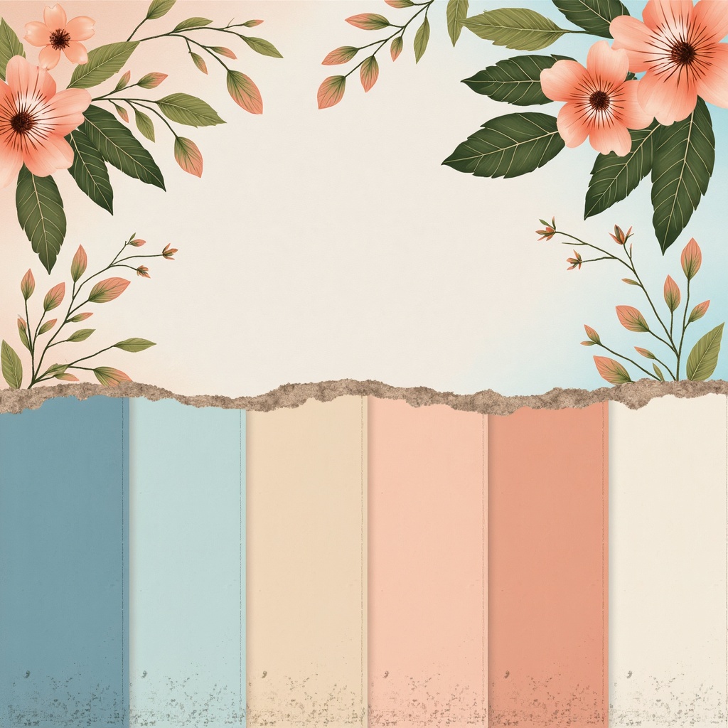 Prompt: Vibrant color scheme, pastel hues, soft peach tones, calming blue shades, creamy whites, warm beige accents, natural wood textures, botanical elements, whimsical patterns, delicate florals, gentle gradients, soothing ambience, serene atmosphere, artistic composition, balanced visual harmony, 1/2 perspective, subtle contrast, soft focus, shallow depth of field.