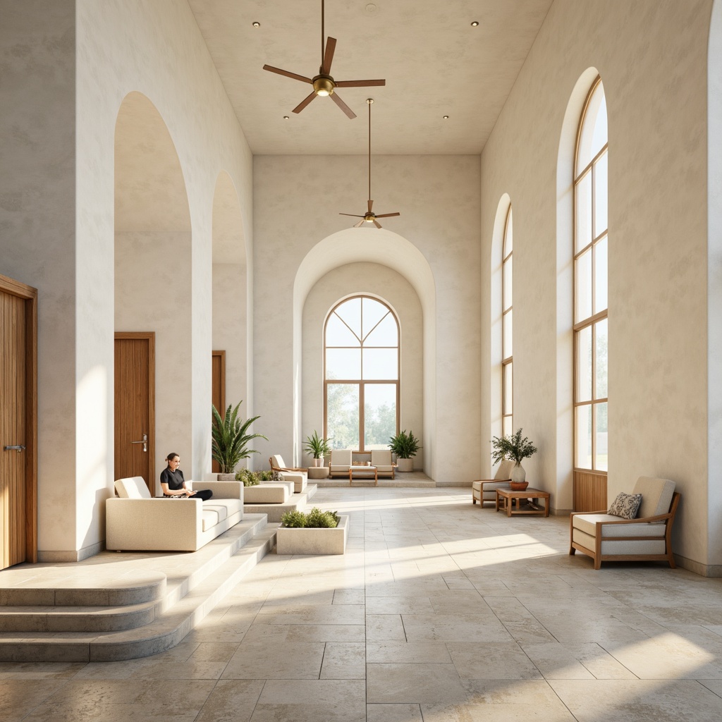 Prompt: Serenity-inducing religious space, minimalist decor, soft creamy whites, warm beige tones, calming blues, muted gold accents, subtle texture contrasts, natural stone flooring, wooden accents, simplicity-driven design, peaceful ambiance, warm soft lighting, shallow depth of field, 1/1 composition, realistic rendering, ambient occlusion, gentle color transitions.