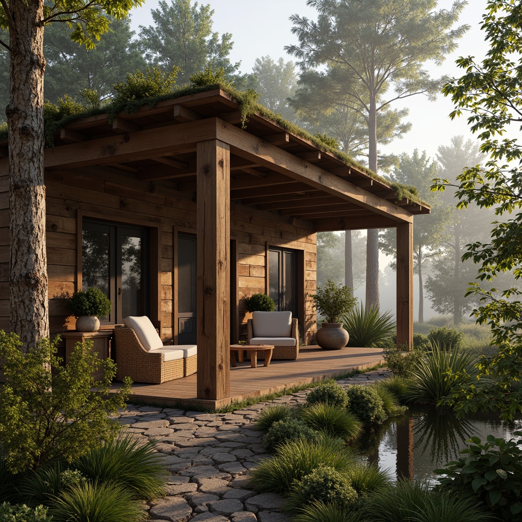 Prompt: Rustic wooden cabin, natural stone walls, earthy color palette, reclaimed wood accents, woven wicker furniture, lush greenery surroundings, misty morning atmosphere, warm soft lighting, shallow depth of field, 1/1 composition, realistic textures, ambient occlusion, organic shapes, earth-inspired patterns.