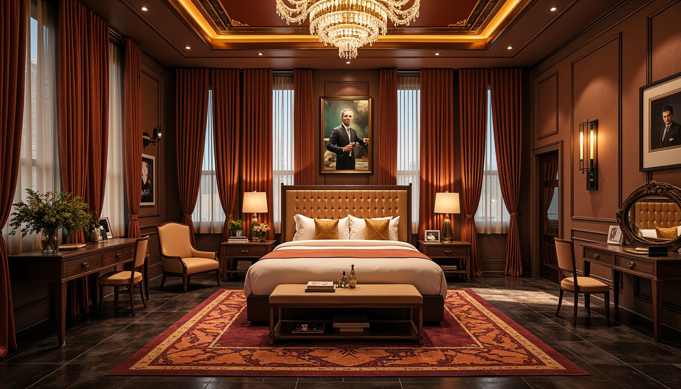 Prompt: Luxurious dormitory, opulent fabrics, velvety soft textures, geometric patterns, metallic accents, chrome fixtures, lavish drapery, ornate mirrors, glamorous lighting, rich wood tones, marble floors, sleek lines, curved silhouettes, bold colors, 1920s-inspired decor, vintage posters, Art Deco motifs, sophisticated ambiance, warm glow, shallow depth of field, central composition, realistic rendering.