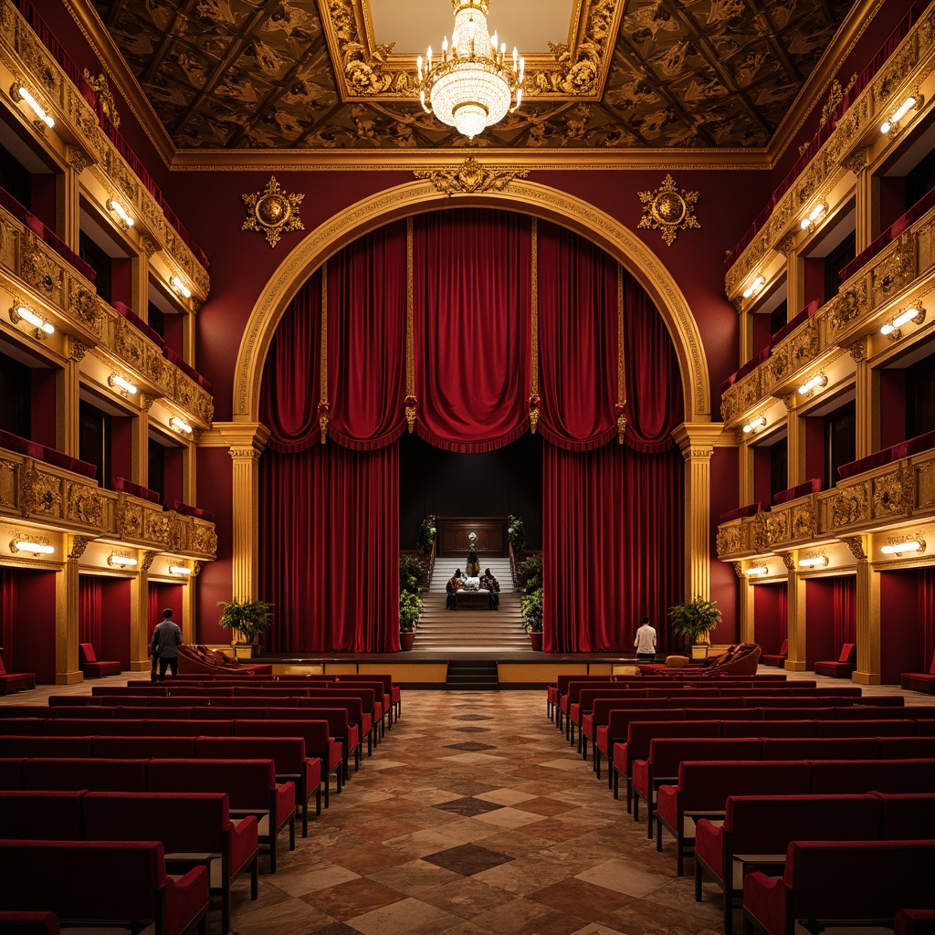 Prompt: Luxurious opera house interior, opulent red velvet curtains, gold leaf accents, ornate chandeliers, grand staircase, marble floors, intricate moldings, lavish furnishings, rich jewel-toned walls, deep berry-red seats, golden lighting fixtures, soft warm glow, dramatic shadows, 1/1 composition, symmetrical framing, high contrast colors, detailed textures, ambient occlusion.