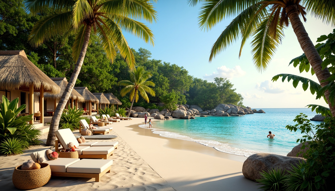 Prompt: Vibrant tropical island, lush green palms, exotic floral patterns, warm sandy beaches, turquoise ocean waves, bright coral reefs, sunny clear sky, pastel-colored huts, natural wood accents, woven rattan furniture, colorful tiki torches, soft misty atmosphere, warm golden lighting, shallow depth of field, 3/4 composition, panoramic view, realistic textures, ambient occlusion.