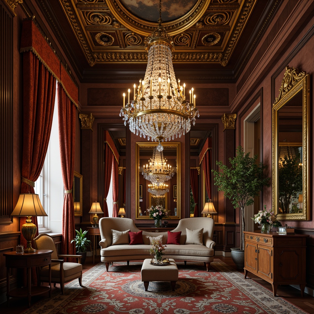 Prompt: Ornate chandeliers, crystal drops, golden accents, lavish drapery, velvet fabrics, rich wood tones, intricate carvings, gilded frames, majestic mirrors, opulent furnishings, Renaissance-inspired decor, warm soft lighting, subtle shadows, 1/1 composition, shallow depth of field, realistic reflections, ambient occlusion.