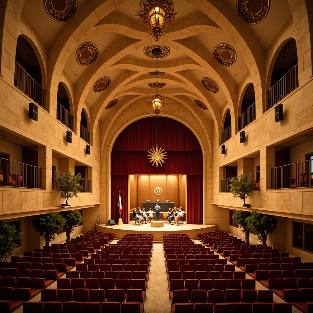 Prompt: Mediterranean-style auditorium, warm beige stone walls, curved arches, ornate wooden accents, plush red velvet seats, gold leaf details, grand chandeliers, high ceilings, acoustic panels, sound-absorbing materials, precise sound reflections, optimized reverberation times, clear sound projections, intimate audience seating, dramatic stage lighting, warm ambient glow, shallow depth of field, 2/3 composition, symmetrical framing, realistic textures, subtle shadows.