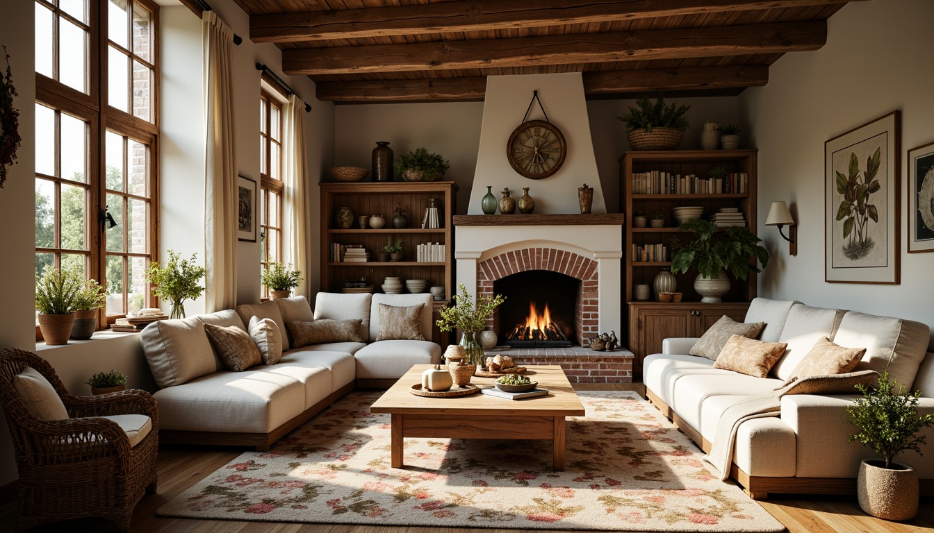 Prompt: Rustic farmhouse interior, vintage textile patterns, distressed wood accents, natural linen fabrics, woven baskets, plush throw blankets, eclectic antique furniture, warm candlelight, soft earthy tones, organic shapes, botanical prints, nature-inspired color palette, cozy reading nook, oversized pillows, chunky knitted throws, rough-hewn wooden beams, brick fireplace, warm afternoon sunlight, shallow depth of field, 1/1 composition, realistic textures, ambient occlusion.