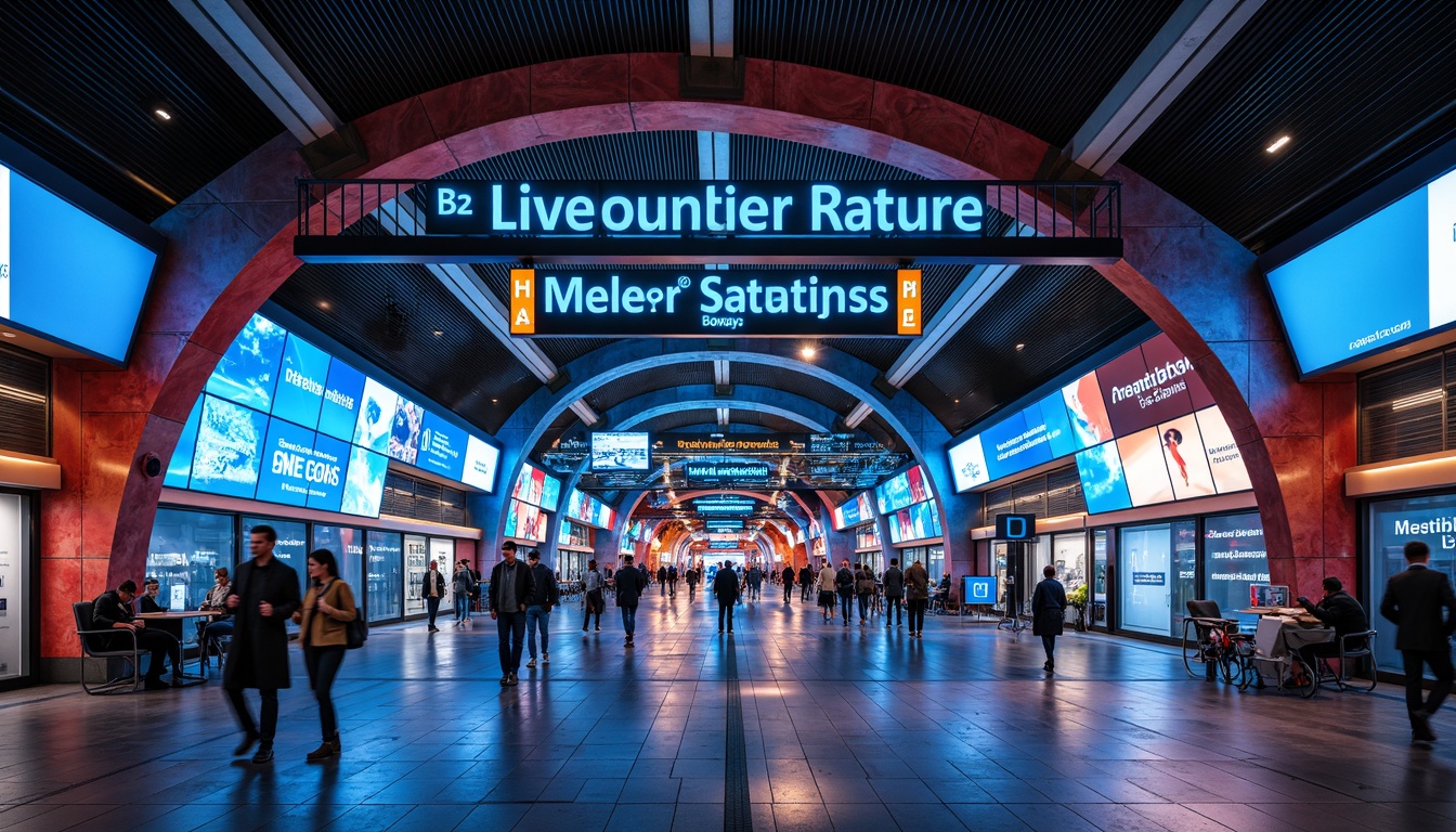 Prompt: Vibrant metro station, transitional style design, modern signage, bold typography, bright LED lights, urban atmosphere, bustling crowd, sleek metal structures, polished stone floors, dynamic curves, futuristic architecture, abstract patterns, neon-lit advertisements, urban landscape views, rush hour scenes, shallow depth of field, 1/2 composition, realistic textures, ambient occlusion.