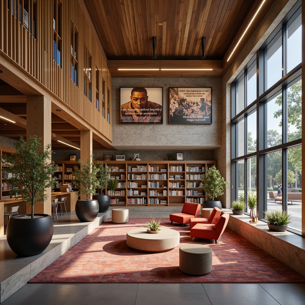 Prompt: Academic library interior, modern bookshelves, wooden paneling, natural stone walls, bold colorful accents, inspirational quotes, comfortable reading nooks, ergonomic seating, warm lighting fixtures, subtle texture contrast, 1/1 composition, shallow depth of field, realistic material reflections, ambient occlusion.