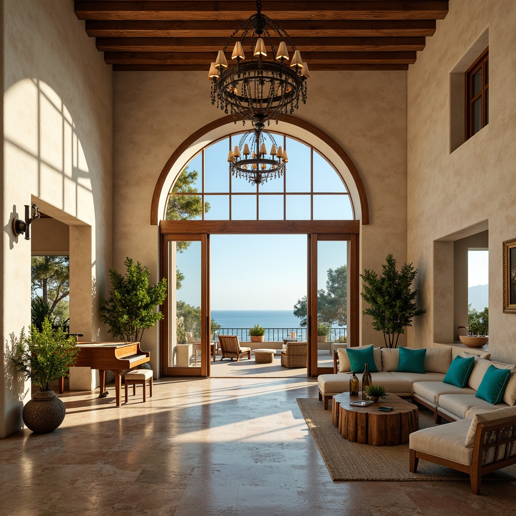 Prompt: Warm Mediterranean villa, high ceilings, large archways, creamy stone walls, rustic wooden beams, elegant chandeliers, soft warm lighting, plush furnishings, natural fabrics, vibrant turquoise accents, ornate ceramic tiles, lush greenery, potted plants, spacious open-plan living area, grand piano, comfortable seating areas, floor-to-ceiling windows, sliding glass doors, outdoor terraces, scenic ocean views, sunny day, shallow depth of field, 3/4 composition, realistic textures, ambient occlusion.