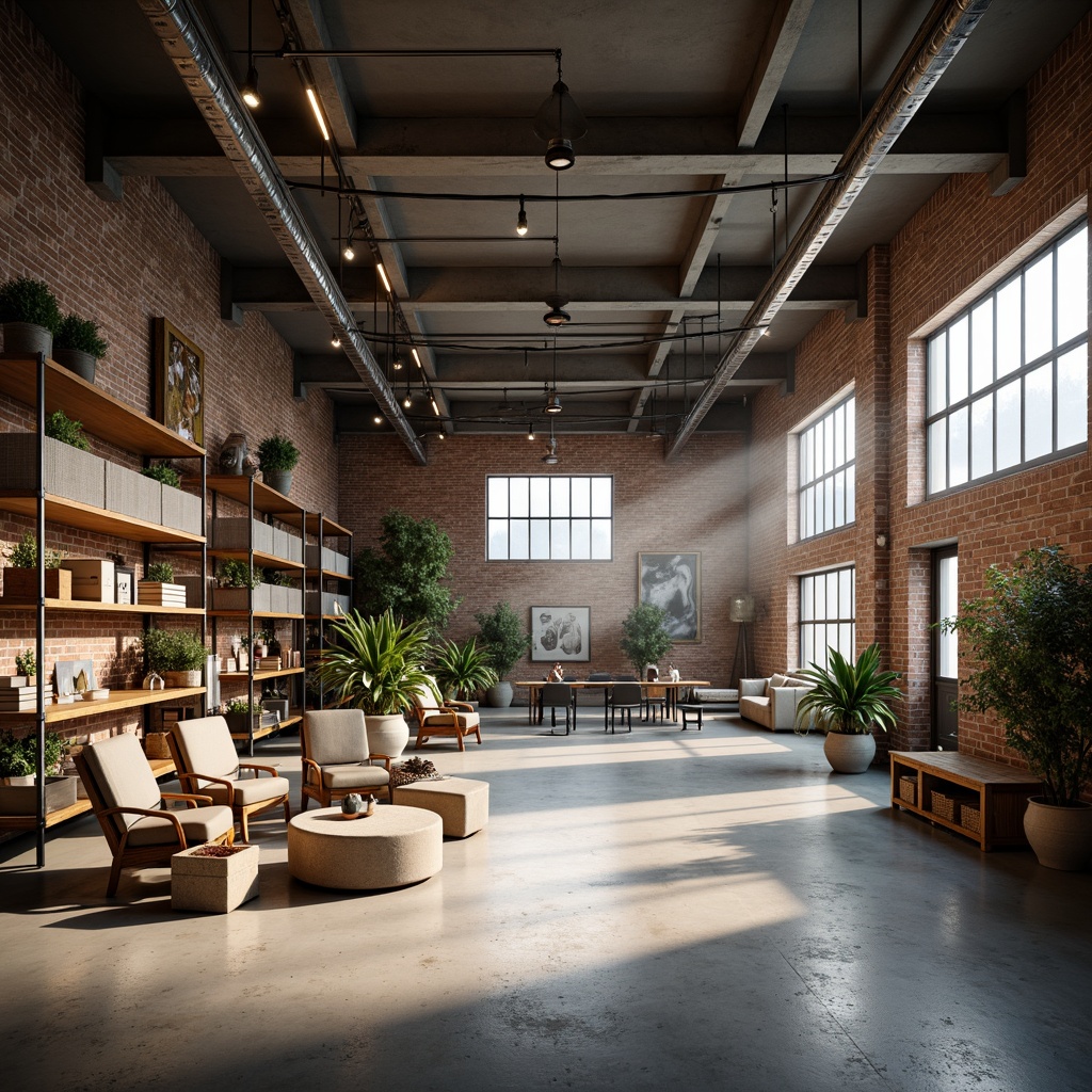 Prompt: Industrial warehouse, open floor plan, minimal decorations, exposed brick walls, polished concrete floors, metal beams, industrial lighting, functional shelving units, reclaimed wood accents, urban loft atmosphere, natural light pouring in, soft warm glow, shallow depth of field, 1/2 composition, realistic textures, ambient occlusion.