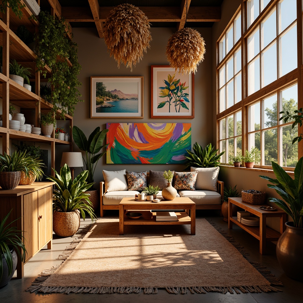 Prompt: Vibrant artistic studio, eclectic bohemian decor, rich wooden accents, bold brushstroke paintings, colorful ceramic vases, lush greenery, natural textiles, warm golden lighting, cozy atmospheric ambiance, 3/4 composition, shallow depth of field, soft focus effect, realistic textures, ambient occlusion.