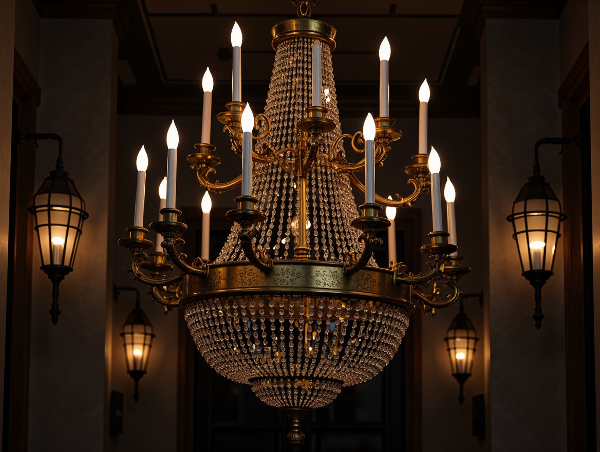 Prompt: Opulent chandeliers, ornate metalwork, luxurious crystals, lavish sconces, geometric lanterns, metallic accents, bronze finishes, glossy black shades, intricate etchings, vintage flair, sophisticated elegance, refined ambiance, warm soft glow, dramatic spotlighting, symmetrical composition, high-contrast lighting, rich textures, atmospheric mood.