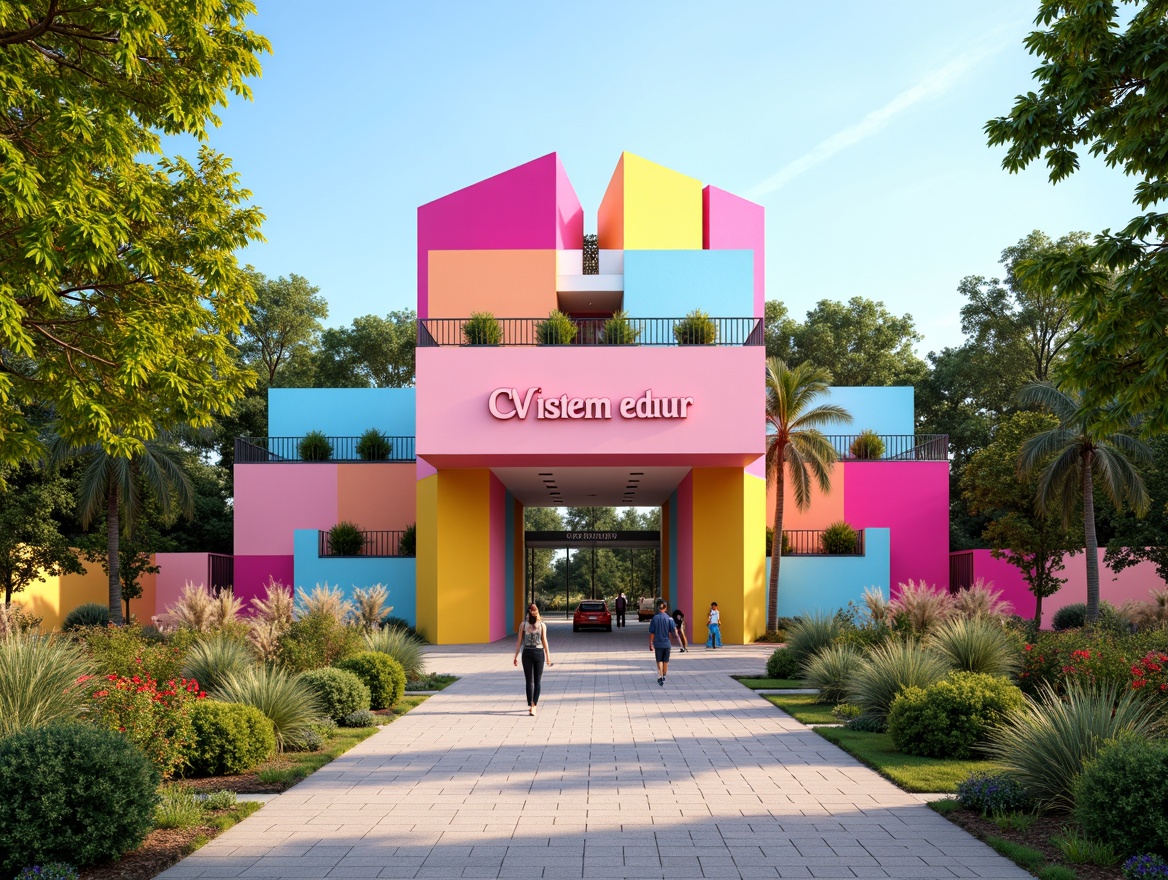 Prompt: Vibrant pavilion, postmodernist architecture, bold geometric shapes, bright pastel colors, neon pink accents, electric blue highlights, sunny yellow hues, matte black details, glossy white surfaces, iridescent glass tiles, playful typography, whimsical patterns, lush greenery surroundings, natural stone pathways, warm afternoon lighting, shallow depth of field, 1/1 composition, symmetrical framing, soft focus, realistic textures.