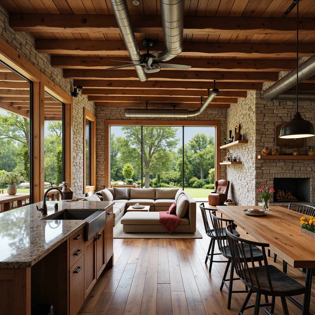 Prompt: Rustic farmhouse, open floor plan, wooden beams, exposed ductwork, natural stone walls, reclaimed wood flooring, vintage farm tools, earthy color palette, cozy reading nooks, plush sectional sofas, oversized windows, sliding glass doors, lush greenery views, country-style kitchen, granite countertops, farmhouse sink, pendant lighting, wooden dining tables, metal chairs, distressed finishes, soft warm lighting, shallow depth of field, 1/1 composition, realistic textures, ambient occlusion.