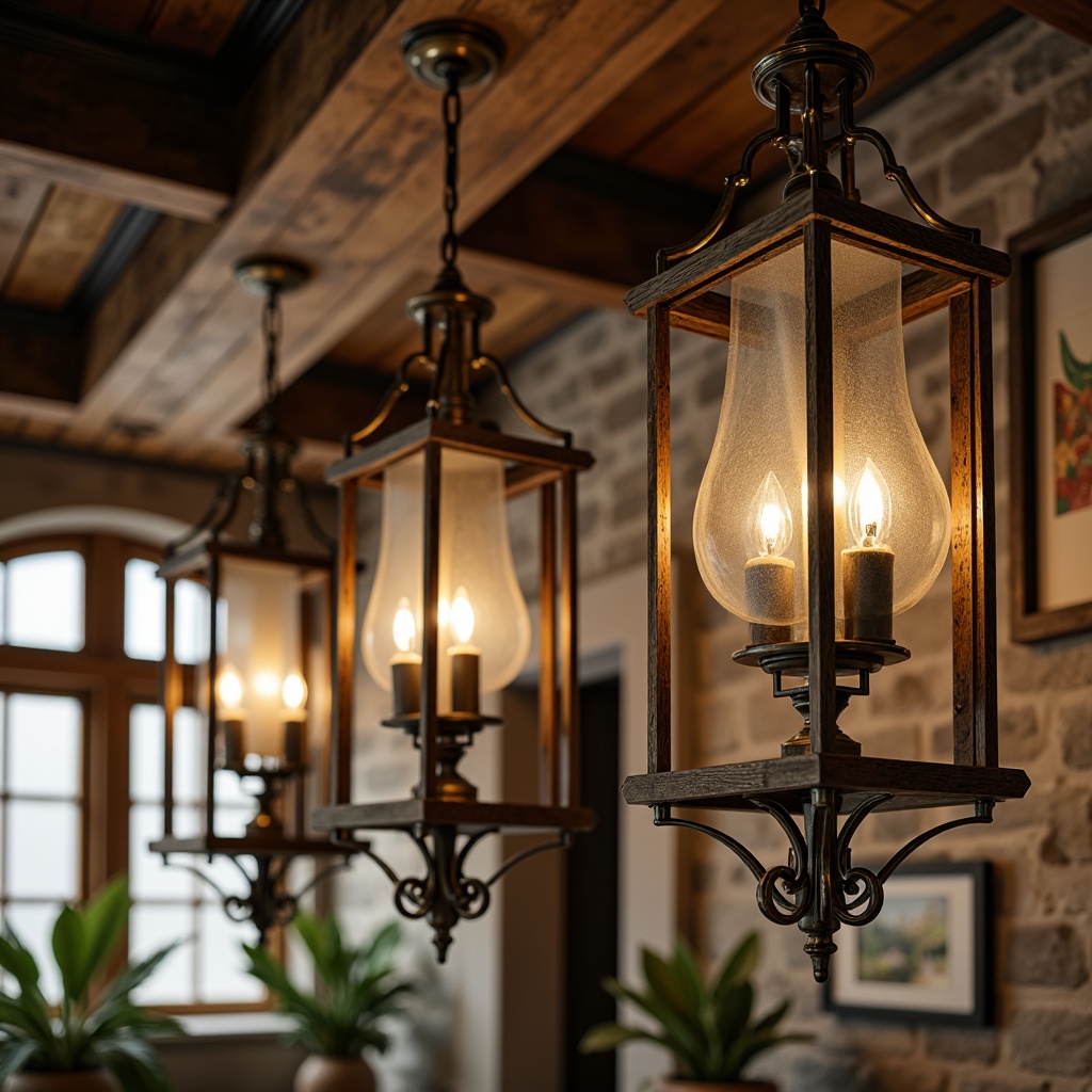 Prompt: Rustic chandeliers, distressed wood accents, soft warm lighting, candle-like lanterns, ironwork details, vintage metal fixtures, creamy white shades, ornate bronze fittings, natural linen textures, earthy color palette, traditional French country decor, wooden beams, stone walls, cozy intimate ambiance, morning sunlight, shallow depth of field, 1/1 composition, realistic textures, ambient occlusion.