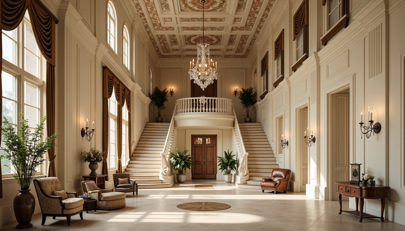 Prompt: Grand estate, ornate moldings, classical columns, intricately carved details, soft cream walls, warm beige floors, elegant chandeliers, lavish furnishings, rich velvet drapes, antique furniture pieces, opulent crystal fixtures, subtle natural lighting, 1/1 composition, shallow depth of field, realistic textures, ambient occlusion, symmetrical facade, imposing entrance, stately staircase, majestic high ceilings, refined interior design.