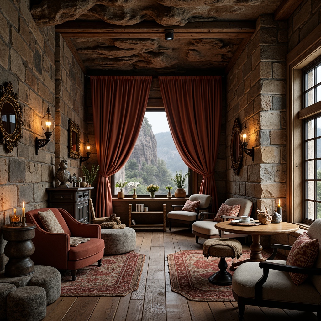 Prompt: Rustic wooden planks, weathered stone walls, rough-hewn boulders, intricately carved furnishings, ornate metalwork details, richly patterned fabrics, soft-glowing lanterns, warm candlelight ambiance, cozy reading nooks, plush velvet drapes, distressed leather armchairs, vintage-inspired decorative accents, earthy color palette, natural material textures, organic shapes, whimsical decorative elements, mystical atmosphere, dramatic shadows, high-contrast lighting, cinematic composition, realistic renderings.