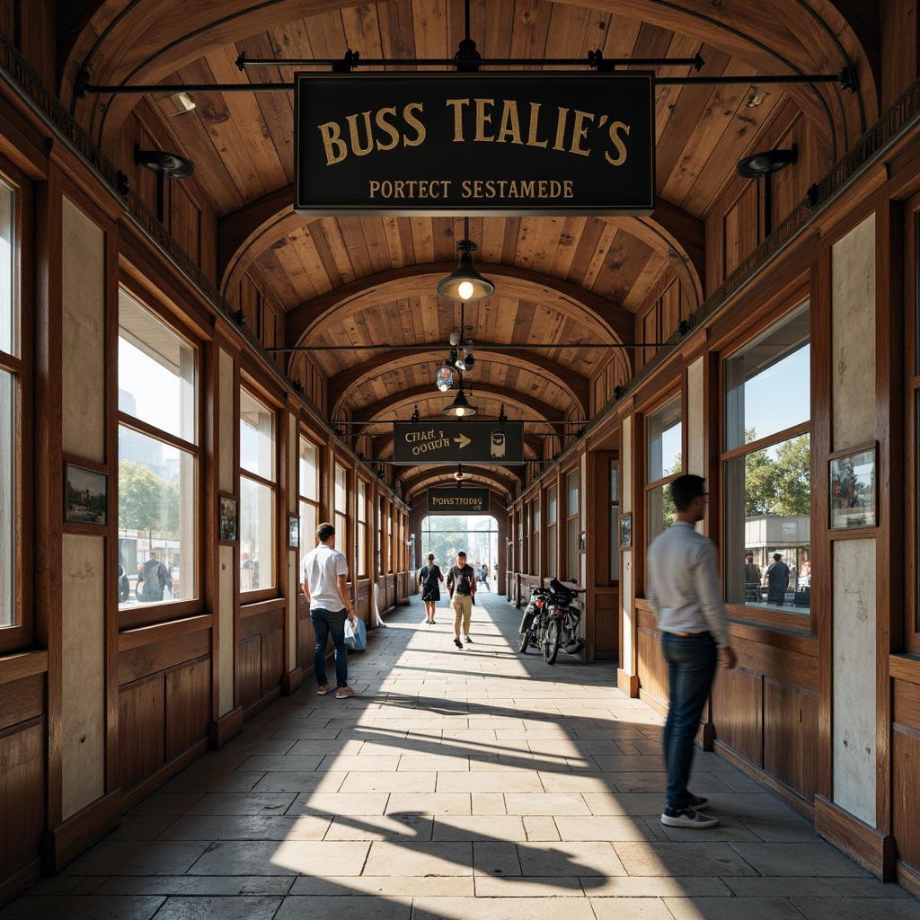 Prompt: Rustic bus station, distressed wood accents, vintage metal signage, earthy color palette, natural stone flooring, traditional architectural elements, ornate facades, decorative trims, warm soft lighting, shallow depth of field, 1/1 composition, realistic textures, ambient occlusion, bustling street scene, urban landscape, morning commute, gentle sunlight.