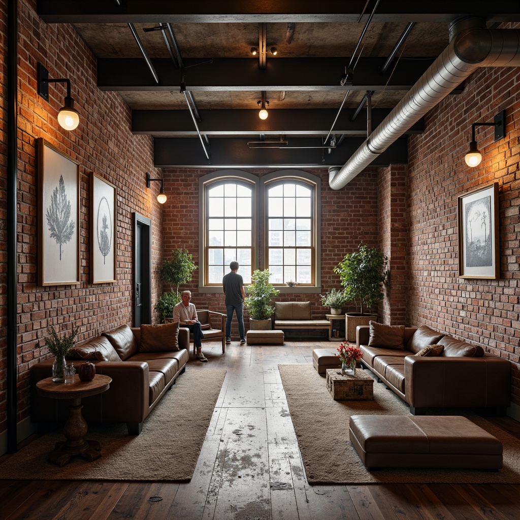 Prompt: Exposed brick walls, distressed metal accents, reclaimed wood floors, industrial-style lighting fixtures, metal beams, concrete ceilings, urban loft atmosphere, vintage factory elements, rough-hewn stone features, worn leather furniture, minimalist decor, functional industrial design, high ceilings, large windows, natural light, atmospheric shadows, warm color palette, rustic-chic aesthetic, 1/2 composition, dramatic low-angle shot, cinematic lighting.