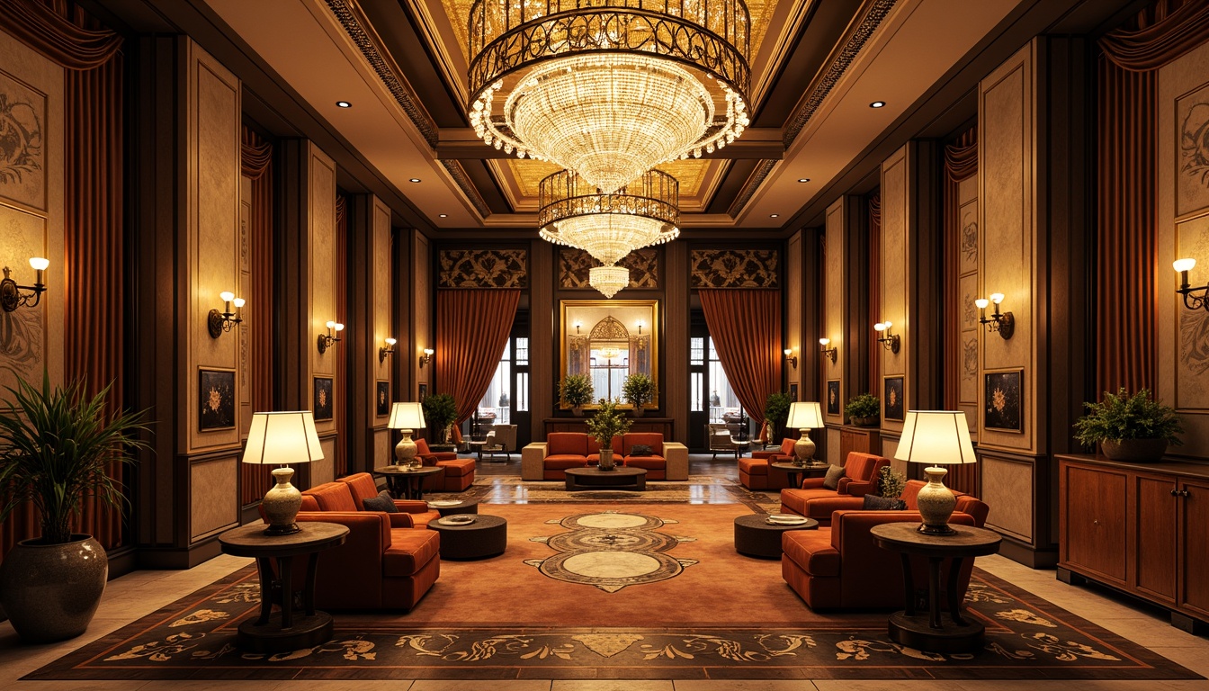 Prompt: Opulent Art Deco interior, lavish chandeliers, ornate metalwork, crystal droplets, luxurious fabrics, velvet drapes, geometric patterns, metallic accents, warm golden lighting, soft diffused glow, sconce lights, floor lamps, table lamps, pendant lights, chrome finishes, polished nickel details, rich wood tones, marble flooring, intricate moldings, lavish furnishings.