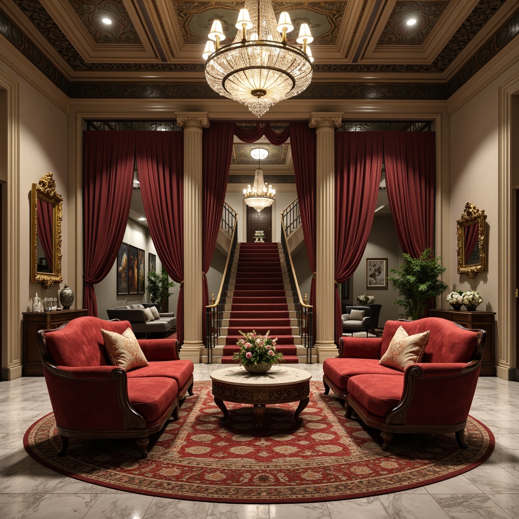 Prompt: Luxurious velvet sofas, intricately carved wooden armchairs, ornate mirrors, gilded frames, crystal chandeliers, richly patterned rugs, neoclassical columns, symmetrical archways, opulent marble floors, grandiose staircases, lavish drapery, stately furniture legs, curved lines, soft warm lighting, shallow depth of field, 1/2 composition, realistic textures, ambient occlusion.