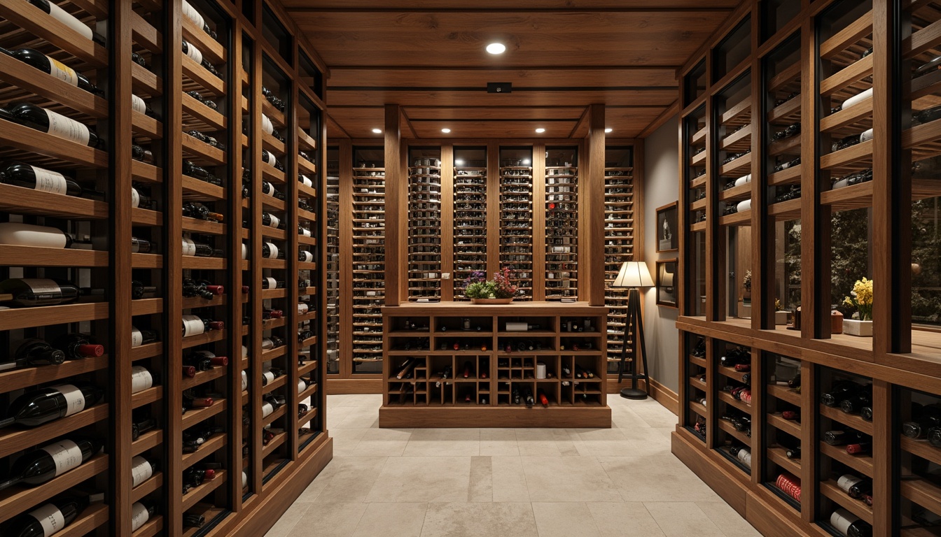 Prompt: Climate-controlled wine cellar, premium wooden racks, glass-enclosed storage, humidification systems, precise temperature control, 55\u00b0F to 58\u00b0F range, soft LED lighting, stainless steel doors, modern minimalist design, ambient humidity sensing, automated cooling systems, insulated walls and floors, real-time temperature monitoring, sleek metal shelving, wine bottle labeling, dimmable lighting, 1/1 composition, shallow depth of field, realistic reflections.