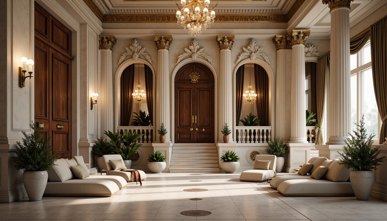 Prompt: Grandiose neoclassical architecture, symmetrical facade, ornate columns, carved stone details, grand entranceways, sweeping staircases, lavish chandeliers, intricate moldings, polished marble floors, luxurious textiles, rich wood paneling, neutral color palette, soft warm lighting, subtle shadows, 1/1 composition, central perspective, realistic reflections, ambient occlusion.