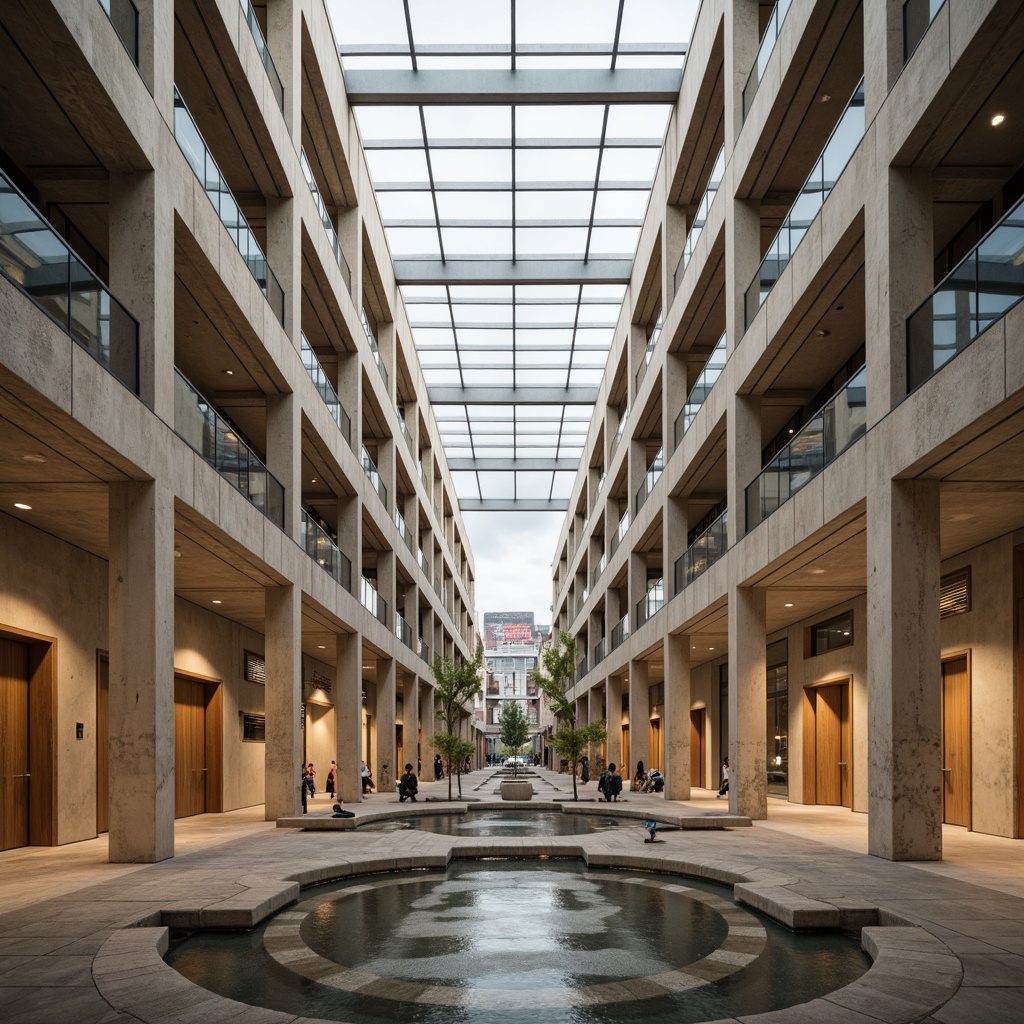 Prompt: Exposed concrete walls, industrial metal beams, minimal ornamentation, brutalist architecture, abundant natural light, large skylights, clerestory windows, transparent glass roofs, reflective surfaces, diffused soft lighting, warm beige tones, earthy color palette, organic textures, reclaimed wood accents, urban cityscape views, cloudy skies, indirect sunlight, 1/1 composition, realistic render, subtle shadows.