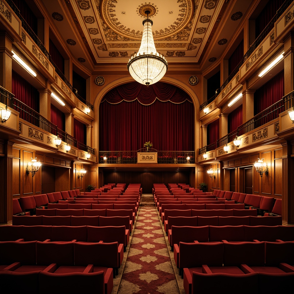 Prompt: Elegant traditional auditorium, ornate chandeliers, rich wood tones, velvet curtains, plush red seats, curved rows, central aisle, raised platforms, grand stage, intricate moldings, gilded details, soft warm lighting, subtle shadows, 1/2 composition, symmetrical view, realistic textures, ambient occlusion.