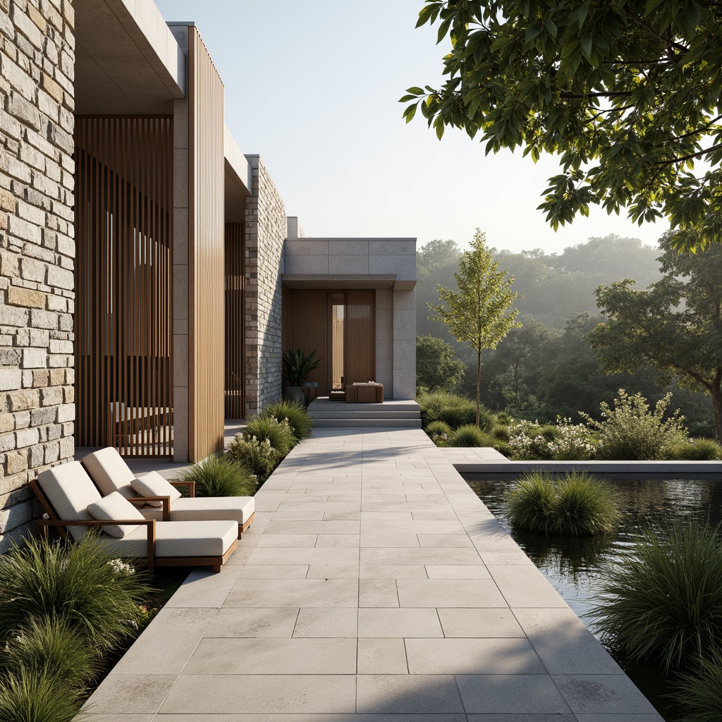 Prompt: Secluded villa, minimalist architecture, clean lines, monochromatic color scheme, natural stone walls, rough-hewn wood accents, smooth concrete floors, subtle texture variations, earthy tone palette, lush greenery surroundings, tranquil atmosphere, warm soft lighting, shallow depth of field, 1/1 composition, realistic material textures, ambient occlusion.