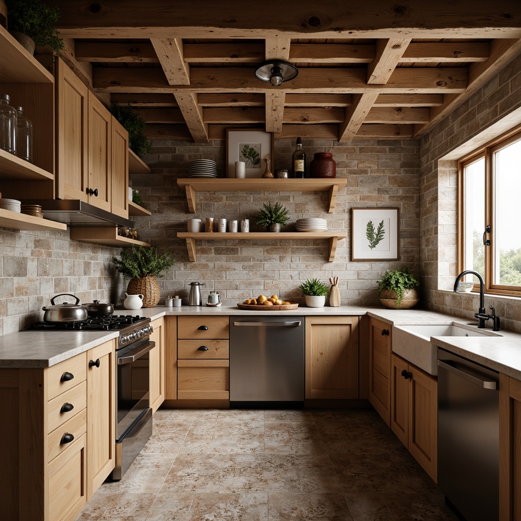 Prompt: Rustic kitchen, earthy tones, natural materials, wooden cabinets, exposed beams, brick backsplash, ceramic tile, glass mosaic, subtle pattern, warm lighting, cozy atmosphere, farmhouse sink, stainless steel appliances, industrial faucet, open shelving, woven textiles, botanical prints, nature-inspired decor, soft focus, shallow depth of field, 1/1 composition.