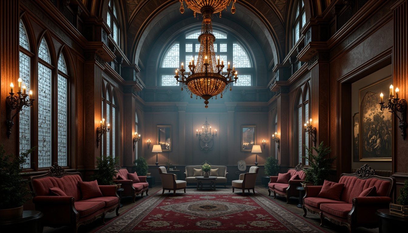 Prompt: Dark, mysterious penthouse, ornate gothic architecture, grand high ceilings, lavish chandeliers, rich wood paneling, intricately carved wooden furniture, velvet upholstered sofas, heavy drapery, stained glass windows, eerie candelabras, mysterious foggy atmosphere, dim warm lighting, shallow depth of field, 1/2 composition, dramatic shadows, ornate metalwork, luxurious fabrics, regal color palette.