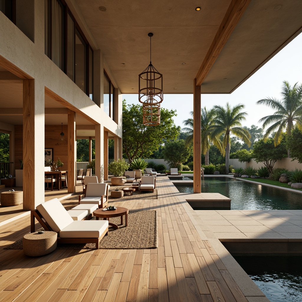 Prompt: Luxurious villa, open floor plan, high ceilings, natural wood accents, sliding glass doors, minimalist decor, Asian-inspired furnishings, plush area rugs, tropical plants, warm beige walls, rich wooden floors, modern chandeliers, large windows, stunning outdoor views, lush greenery, koi ponds, tranquil water features, soft natural lighting, 1/1 composition, shallow depth of field, realistic textures, ambient occlusion.