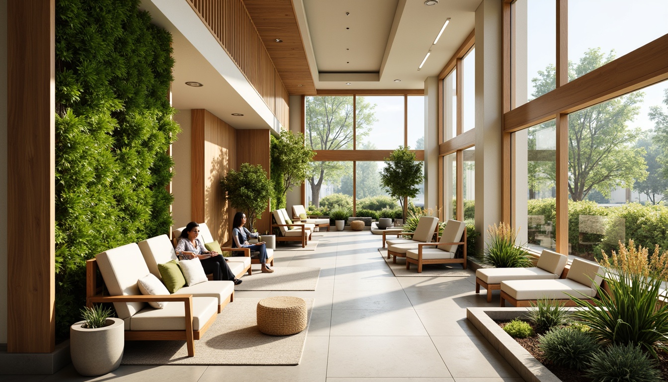 Prompt: Soothing rehabilitation center, abundant natural light, calming colors, spacious open areas, comfortable seating zones, lush green walls, vibrant flowers, gentle water features, wooden accents, modern architecture, large windows, sliding glass doors, warm beige tones, inviting corridors, peaceful ambiance, shallow depth of field, 3/4 composition, panoramic view, realistic textures, ambient occlusion.