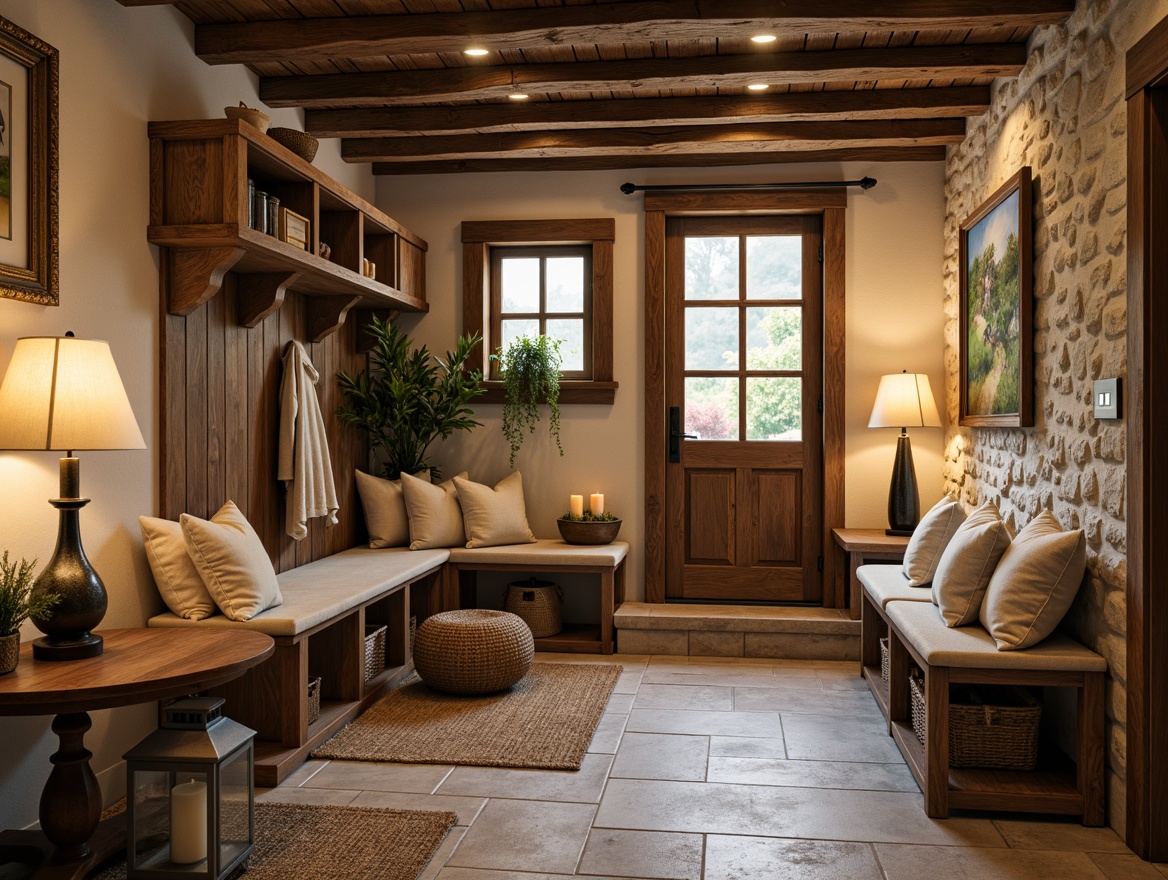 Prompt: Cozy mudroom, rustic wooden accents, earthy color palette, natural stone flooring, woven baskets, vintage metal lanterns, warm soft lighting, table lamps with linen shades, floor lamps with burlap covers, candles in mercury glass holders, distressed wood beams, rough-hewn stone walls, plush area rugs, comfortable bench seating, nature-inspired artwork, warm beige tones, soft warm glow, shallow depth of field, 1/1 composition, realistic textures.