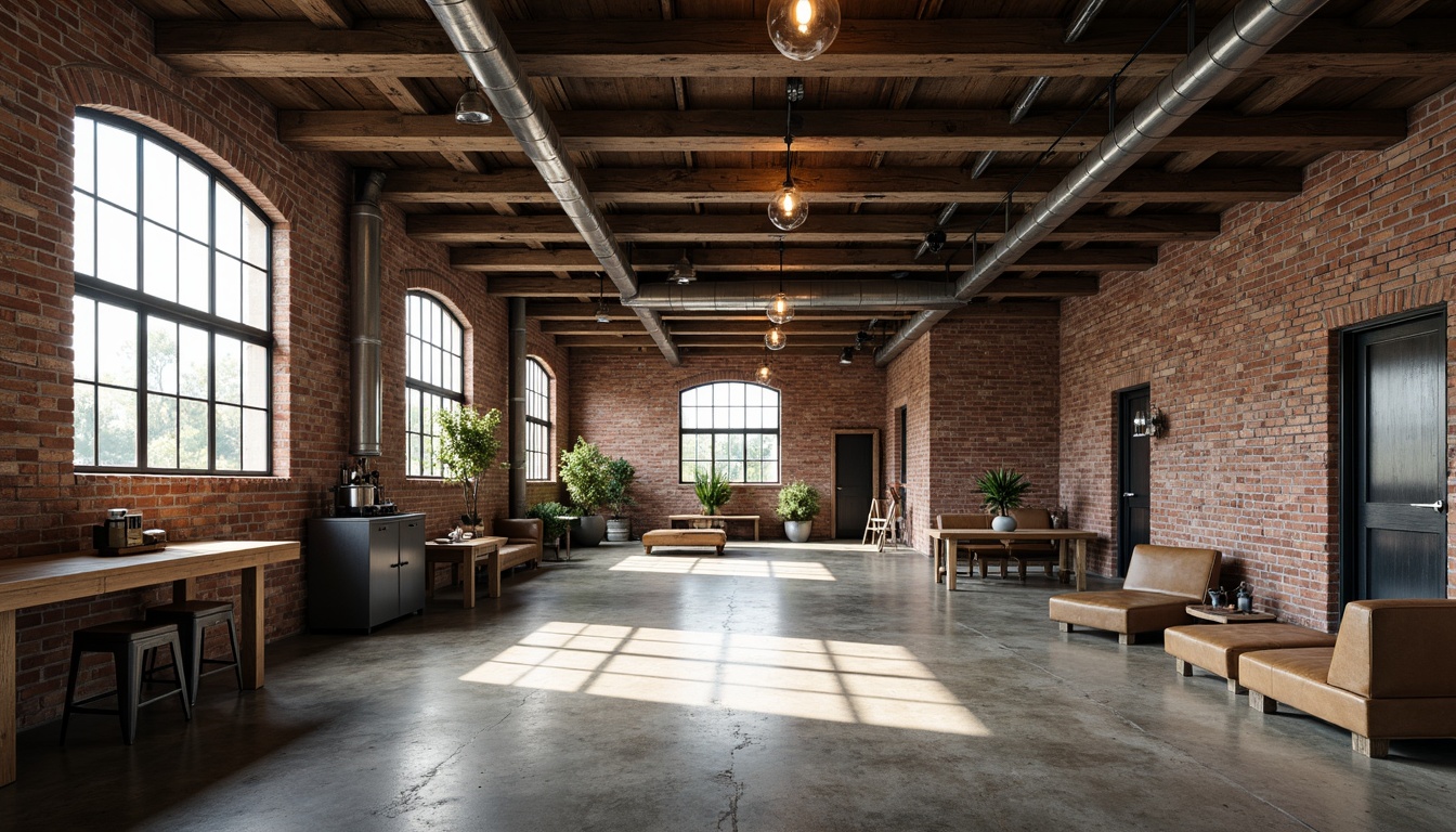 Prompt: Rustic industrial warehouse, exposed steel beams, distressed brick walls, polished concrete floors, metal framework, reclaimed wood accents, vintage factory lighting, Edison bulbs, urban loft atmosphere, open floor plan, high ceilings, large windows, natural light, soft warm glow, shallow depth of field, 3/4 composition, realistic textures, ambient occlusion.