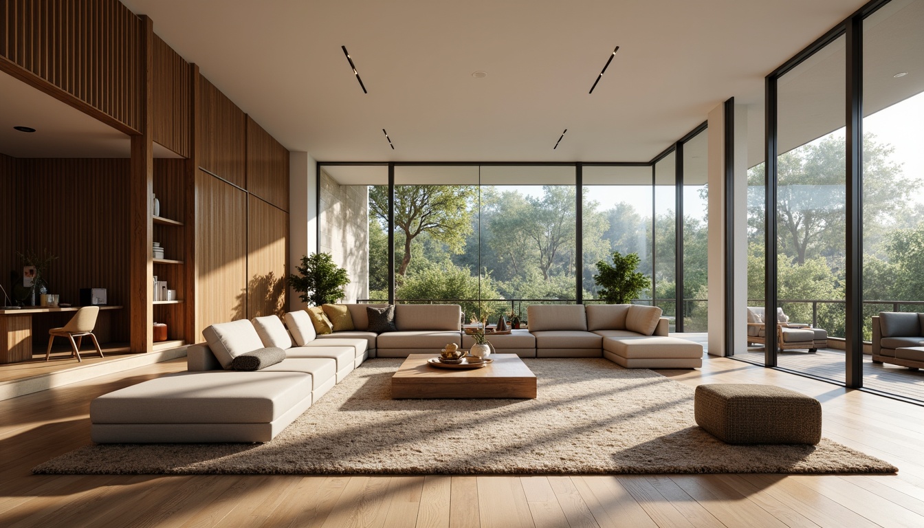 Prompt: Modern living room, sleek wooden flooring, plush area rugs, comfortable sectional sofas, floor-to-ceiling windows, natural light pouring in, minimalist decor, functional storage units, textured wallpaper, warm earthy tones, metallic accents, ambient dimmable lighting, 1/1 composition, soft focus, realistic reflections.