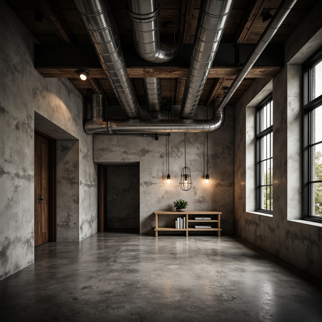 Prompt: Exposed ductwork, industrial pipes, raw concrete walls, minimalist spaces, bold architectural forms, dramatic shadows, harsh overhead lighting, metal cage lamps, Edison bulb pendants, reclaimed wood accents, urban loft atmosphere, distressed finishes, brutalist aesthetic, rugged textures, high-contrast lighting, cinematic mood, symmetrical composition, low-angle shot, gritty realism.