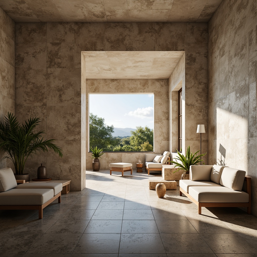 Prompt: Soft warm light, calming atmosphere, natural earth tones, soothing blues, gentle greens, creamy whites, rich wood accents, textured stone walls, elegant furniture designs, subtle gradient effects, atmospheric mist, shallow depth of field, 1/1 composition, realistic rendering, ambient occlusion, harmonious color harmony, balanced contrast, sophisticated textures.