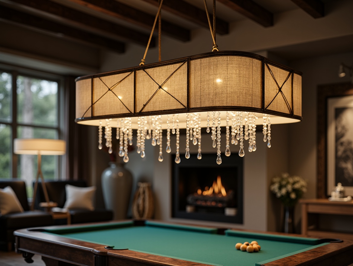 Prompt: Modern chandelier, sleek metal shade, soft warm glow, dimmable LED lights, minimalist ceiling fixture, industrial-chic exposed bulbs, rustic wooden pendant, natural linen shade, coastal-inspired nautical rope, elegant crystal drops, luxurious gold accents, sophisticated marble base, ambient pool table lighting, realistic textures, 3/4 composition, shallow depth of field, panoramic view.