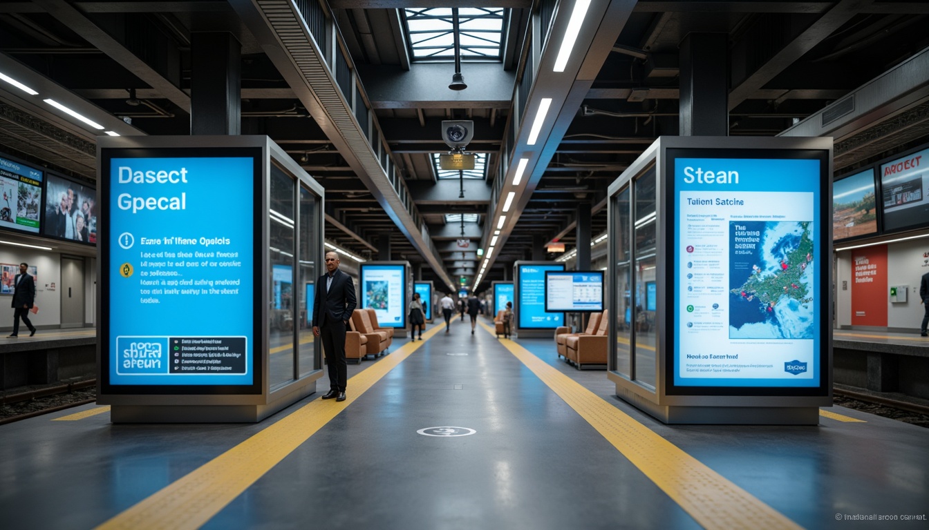 Prompt: Vibrant train station interior, modern signage system, sleek metal frames, bright LED displays, clear glass panels, minimalist design, easy-to-read fonts, directional signs, platform indicators, arrival/departure boards, route maps, schedule displays, advertising screens, interactive kiosks, stainless steel fixtures, durable materials, high-traffic area durability, ambient lighting, shallow depth of field, 1/1 composition, realistic textures.