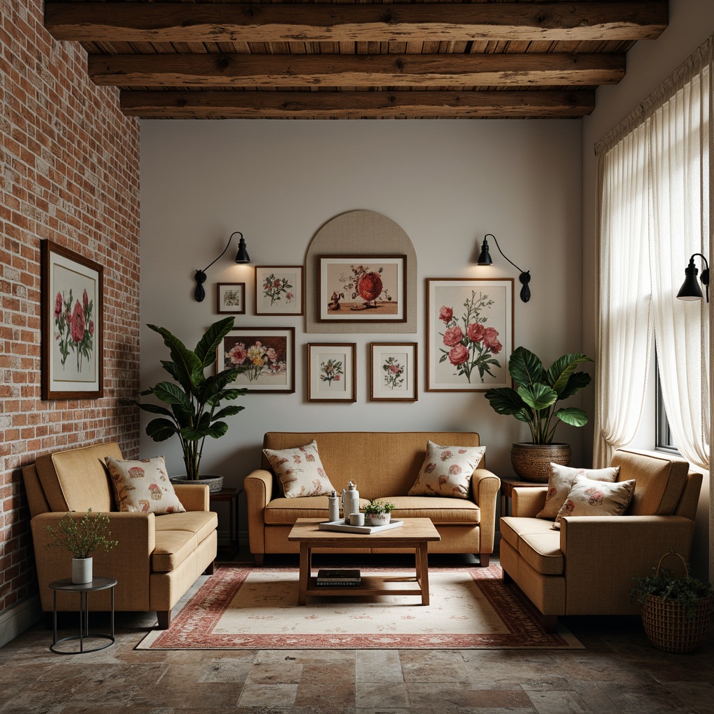 Prompt: Distressed wooden furniture, vintage decorative items, soft pastel colors, faded floral patterns, lace curtains, worn leather sofas, rustic metal chairs, antique lighting fixtures, distressed brick walls, natural stone floors, earthy tone rugs, warm cozy atmosphere, soft diffused lighting, shallow depth of field, 1/1 composition, realistic textures, ambient occlusion.