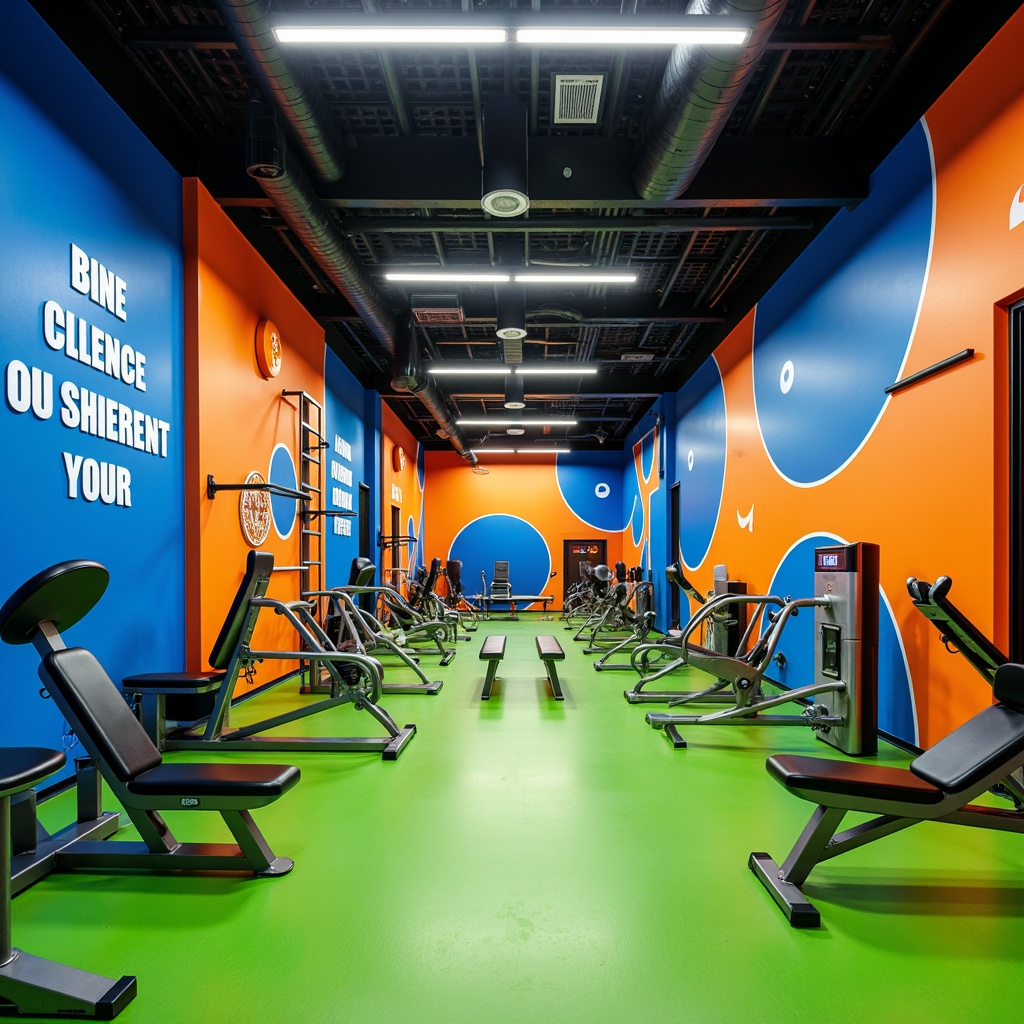 Prompt: Vibrant fitness center, energetic atmosphere, bold color scheme, bright blue walls, dynamic orange accents, contrasting green floors, metallic silver equipment, sleek black machinery, industrial-style lighting, high ceilings, open spaces, motivational quotes, modern typography, urban-chic vibe, abstract geometric patterns, gradient effects, warm white illumination, shallow depth of field, 2/3 composition, realistic textures, ambient occlusion.