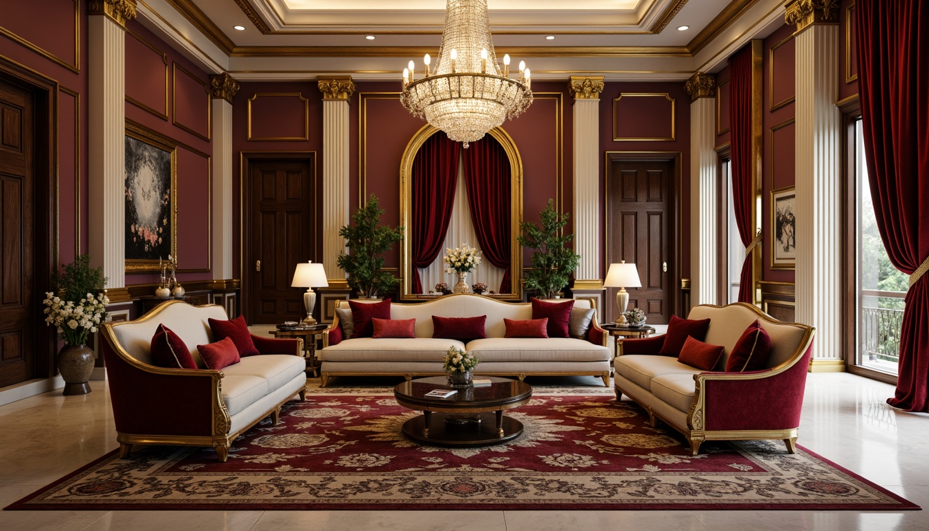 Prompt: Luxurious living room, rich velvet fabrics, ornate gold accents, intricately carved wooden furnishings, crystal chandeliers, marble floors, high ceilings, grandiose architectural details, neoclassical columns, symmetrical compositions, soft warm lighting, 1/1 composition, shallow depth of field, realistic textures, ambient occlusion.