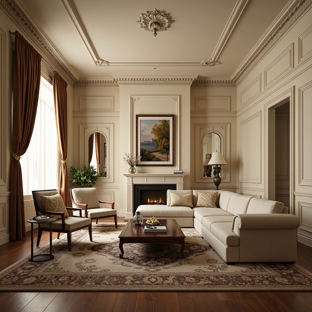 Prompt: Elegant living room, ornate moldings, cream-colored walls, rich wood furniture, plush carpets, subtle texture contrasts, soft warm lighting, shallow depth of field, 1/2 composition, realistic textures, ambient occlusion; sophisticated ceiling designs, intricate patterns, curved lines, Victorian-inspired details, luxurious fabrics, metallic accents, ornamental decorations.