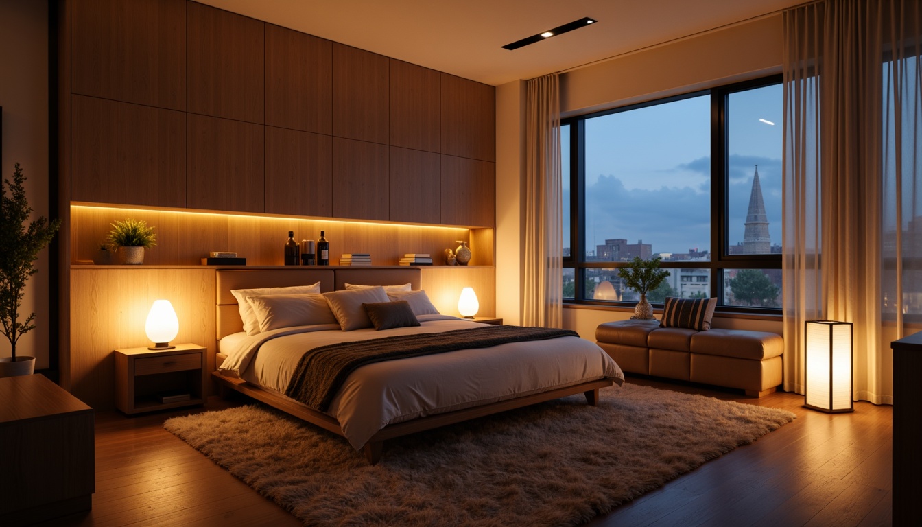 Prompt: Cozy modern bedroom, soft warm glow, table lamps, floor lamps, string lights, LED strip lighting, minimalist decor, low-profile furniture, plush carpets, soothing color palette, calm ambiance, relaxing atmosphere, large windows, natural daylight, sheer curtains, subtle shading, 1/1 composition, shallow depth of field, realistic textures, ambient occlusion.