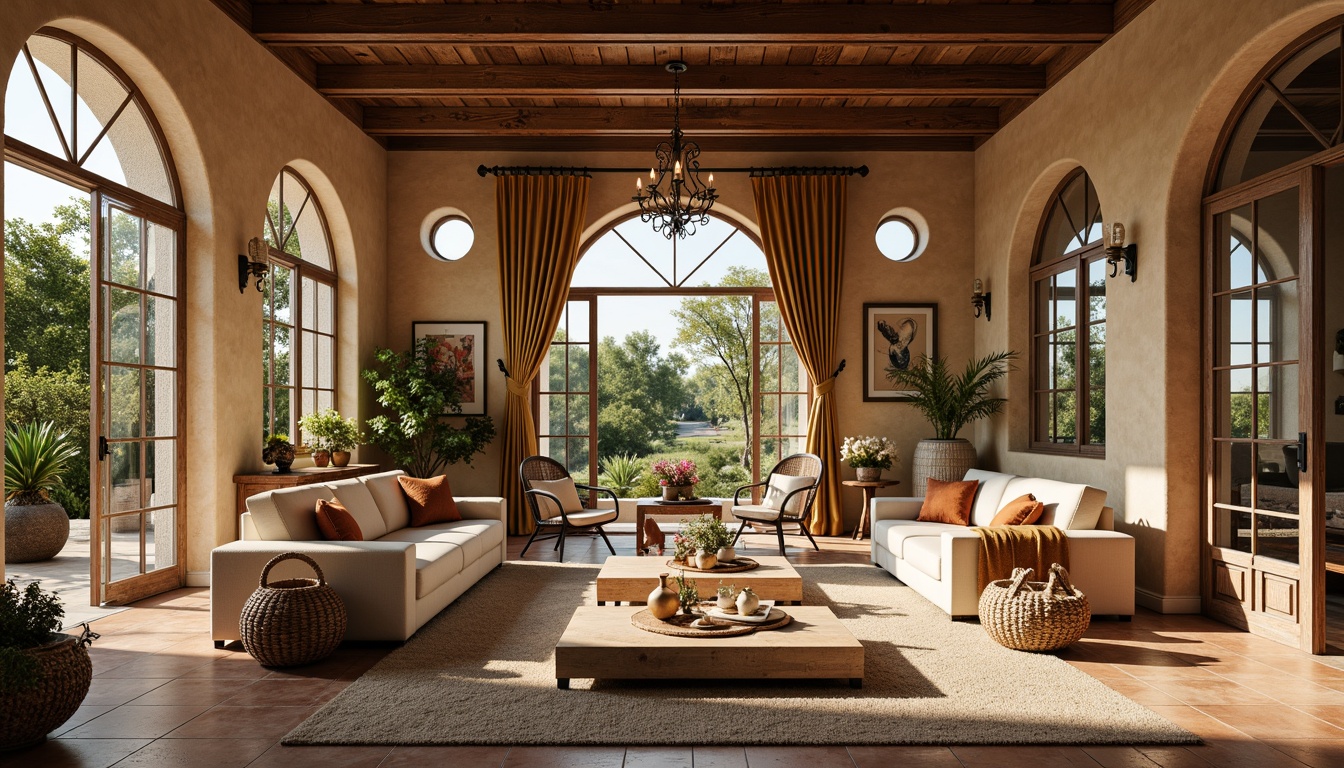 Prompt: Warm Mediterranean color palette, natural stone flooring, distressed wood accents, ornate ironwork, lush greenery, vibrant flowers, large windows, arched doorways, soft warm lighting, shallow depth of field, 3/4 composition, panoramic view, realistic textures, ambient occlusion, spacious open-plan living area, comfortable plush furniture, elegant drapery, rustic wooden beams, earthy ceramic tiles, woven wicker baskets, ornamental vases, tranquil ambiance.